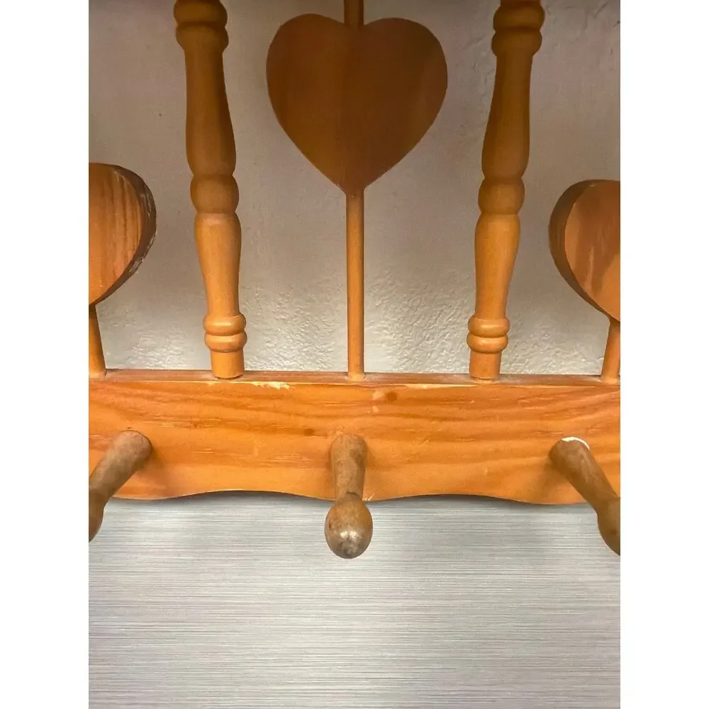 Vtg Wooden Heart Spindle Wall Shelf Five Pegs 23 inch Cottagecore Farmhouse